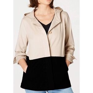 J.Jill Womens Tan Black Colorblock Hooded Jacket‎ Size M Cotton Blend Button Up